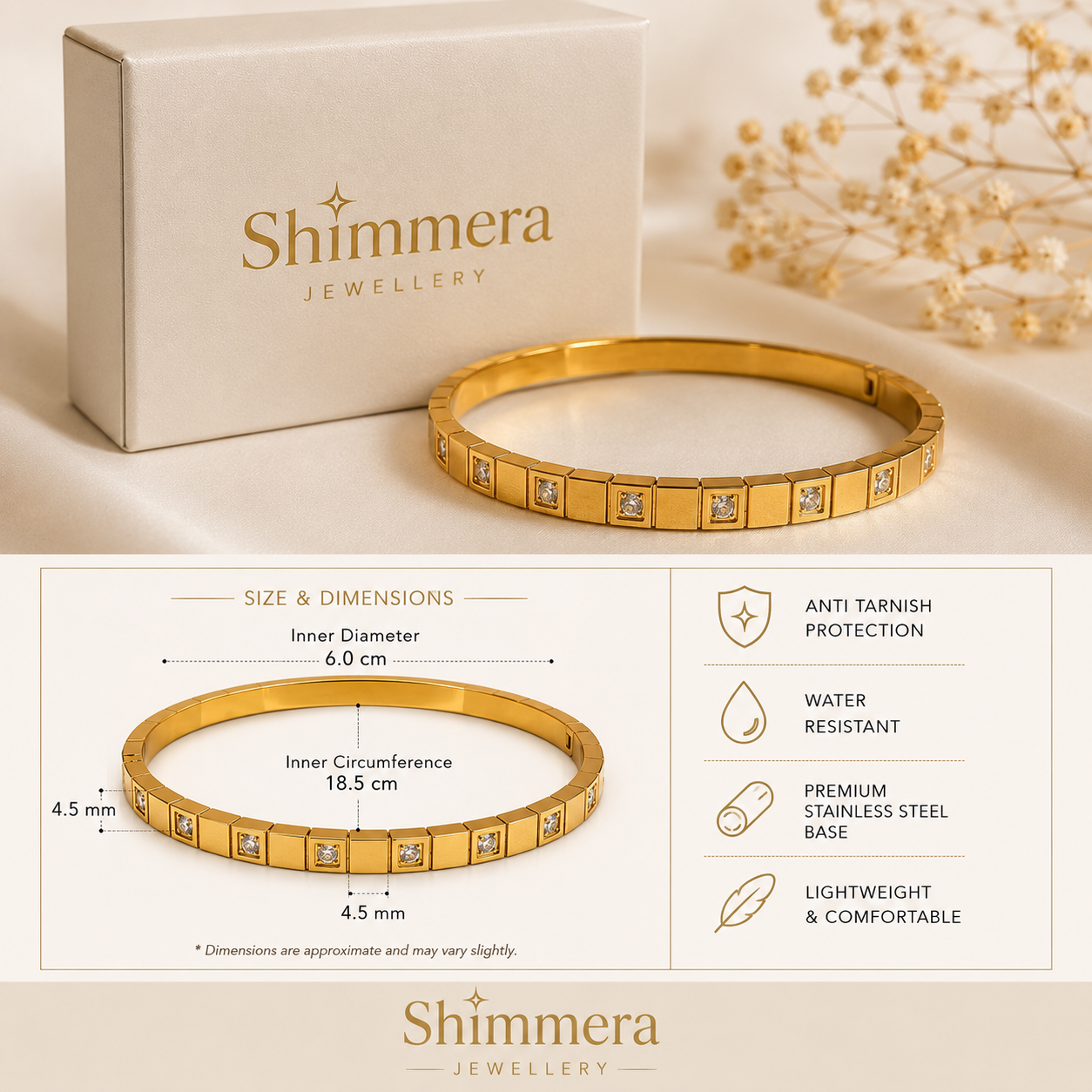 Gold bracelet with Shimmera Jewellery branding, including size and dimensions, features, and a branded box.