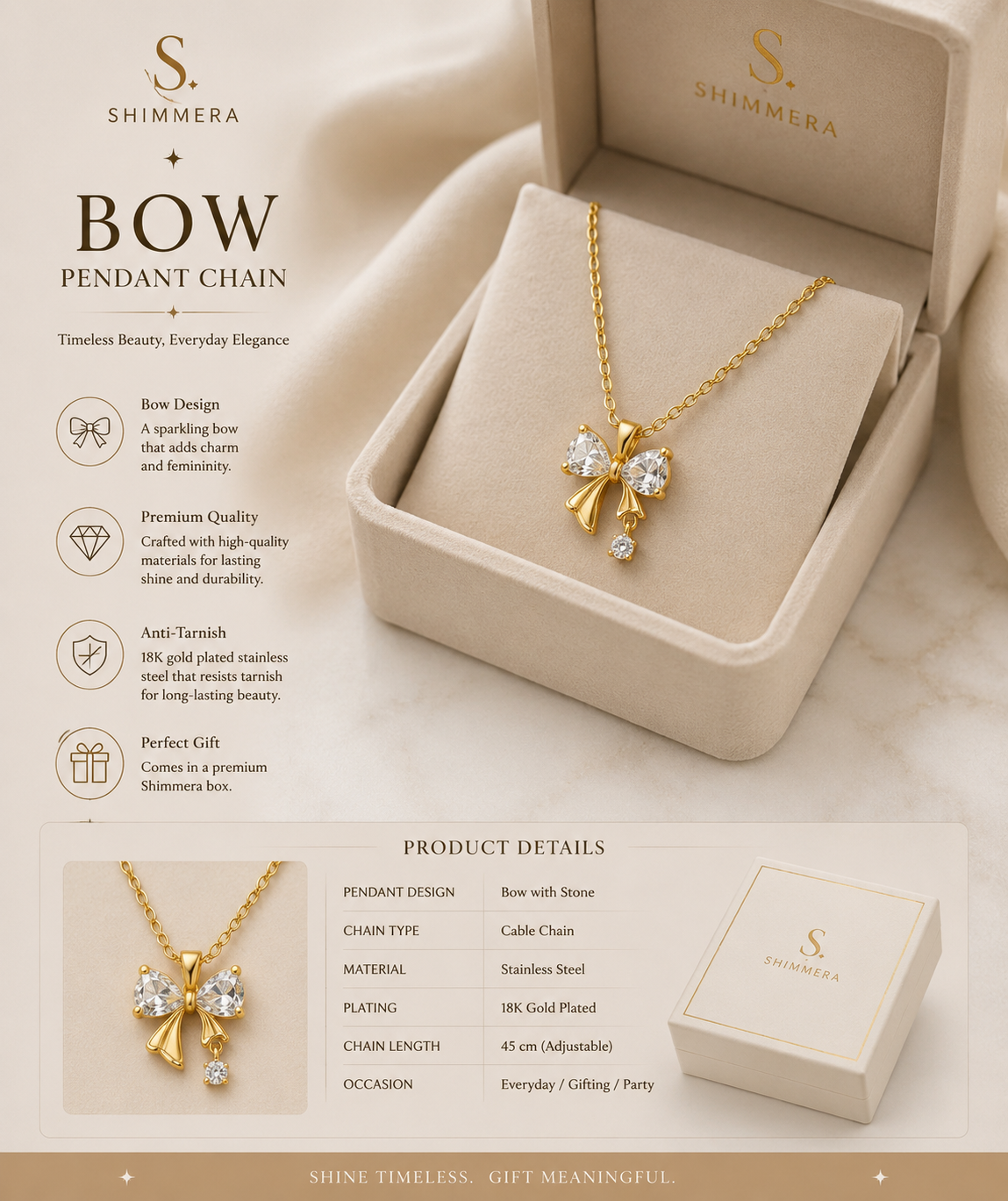 Anti Tarnish Bow Crystal Pendant Chain Shimmera