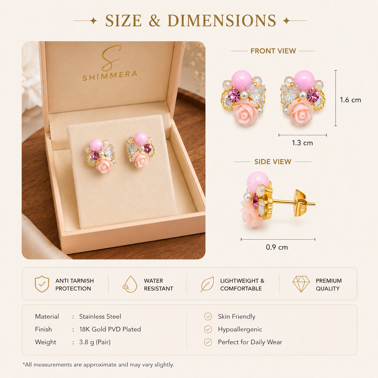 Shimmera earrings in a box with size and dimensions displayed.