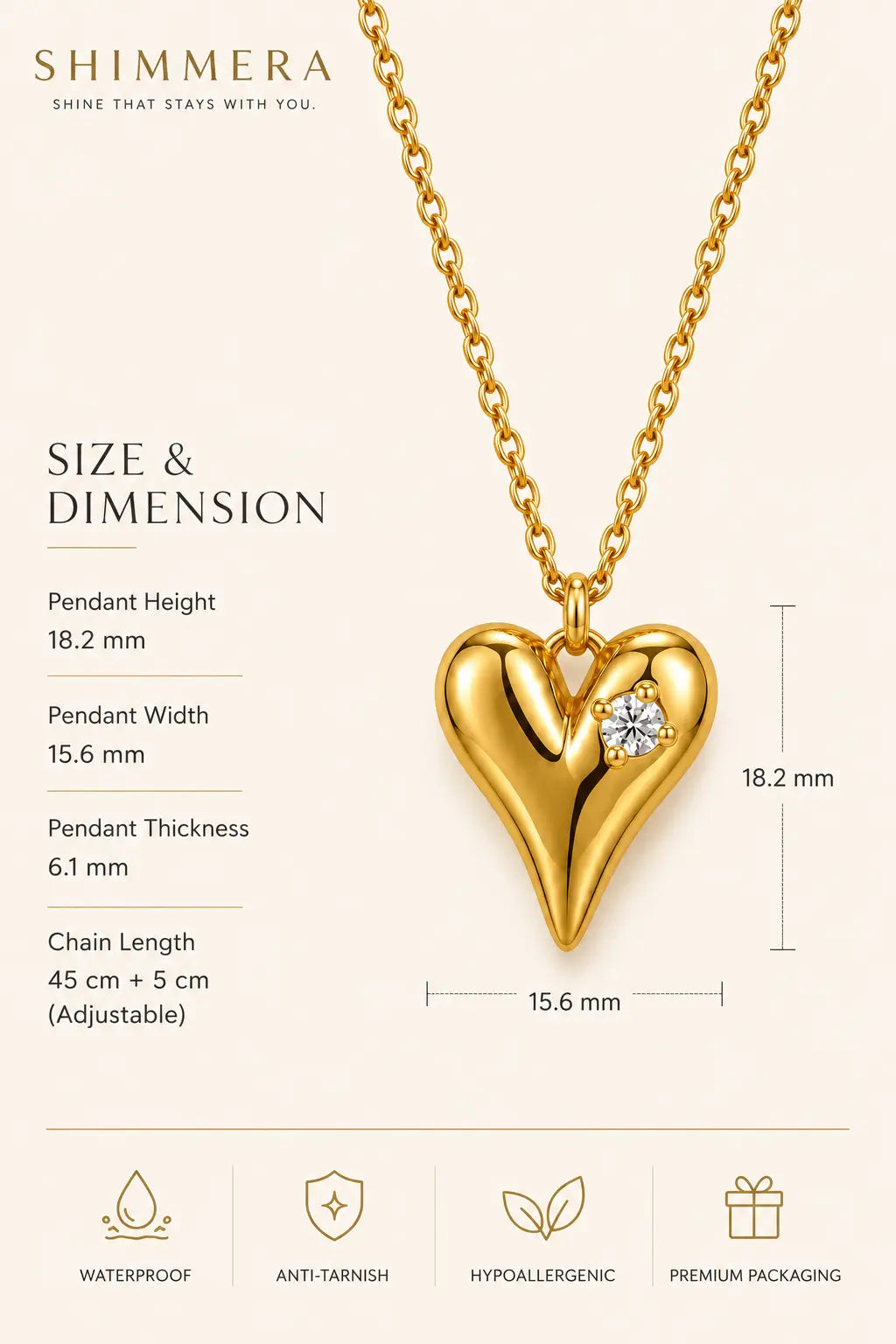 Anti Tarnish Crystal Heart Pendant Chain Shimmera