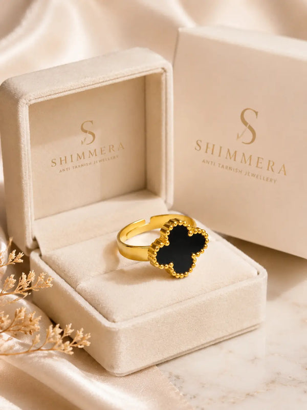 Black Clover Anti-Tarnish Adjustable Ring for Women | 18K Gold Plated Waterproof Ring