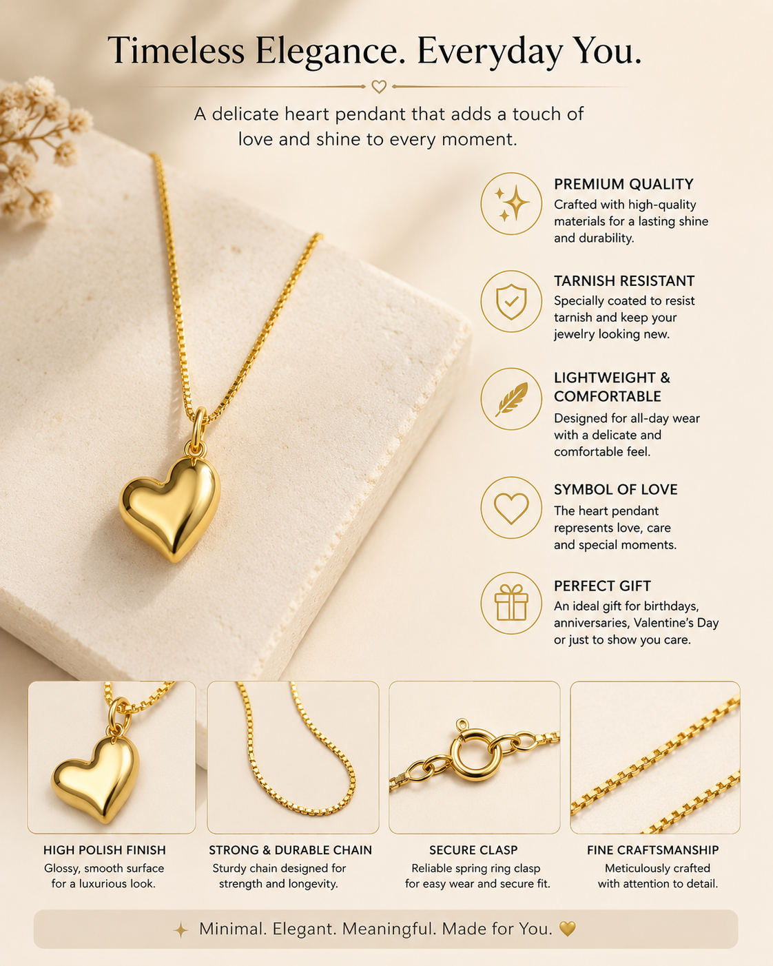 Anti tarnish 18k gold plated heart pendant with chain My Store