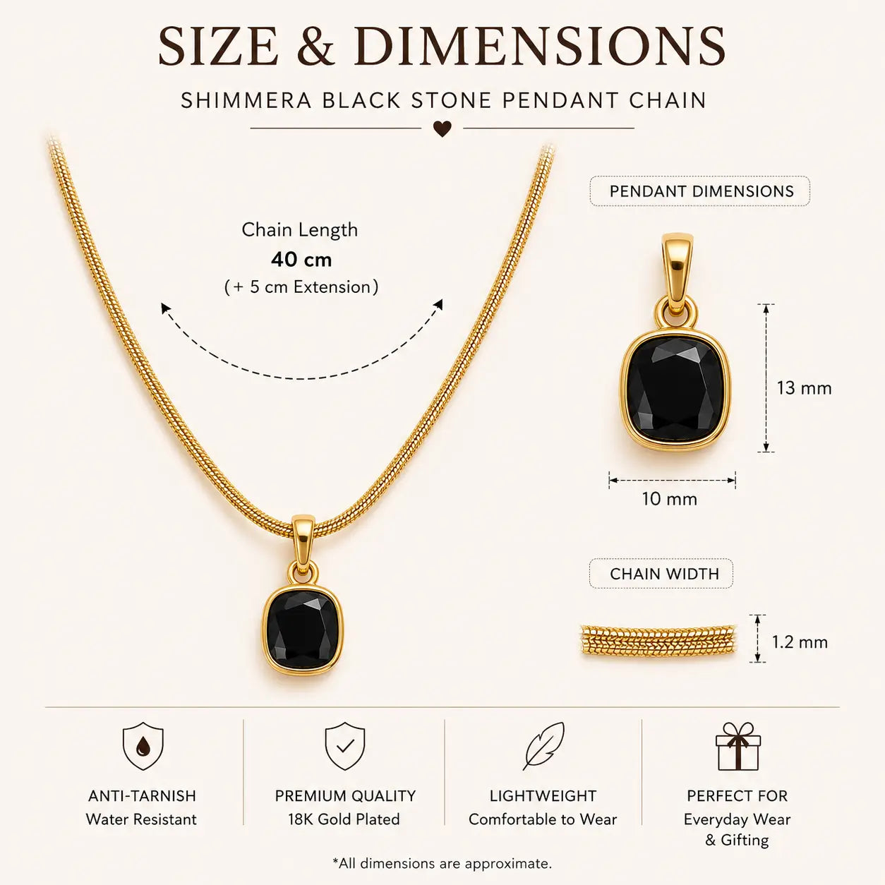 Anti tarnish 18k Gold plated minimal black square pendant with chain. Shimmera