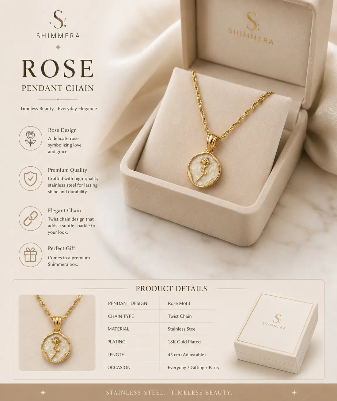 Anti tarnish 18k Gold plated Round rose pendant with chain My Store