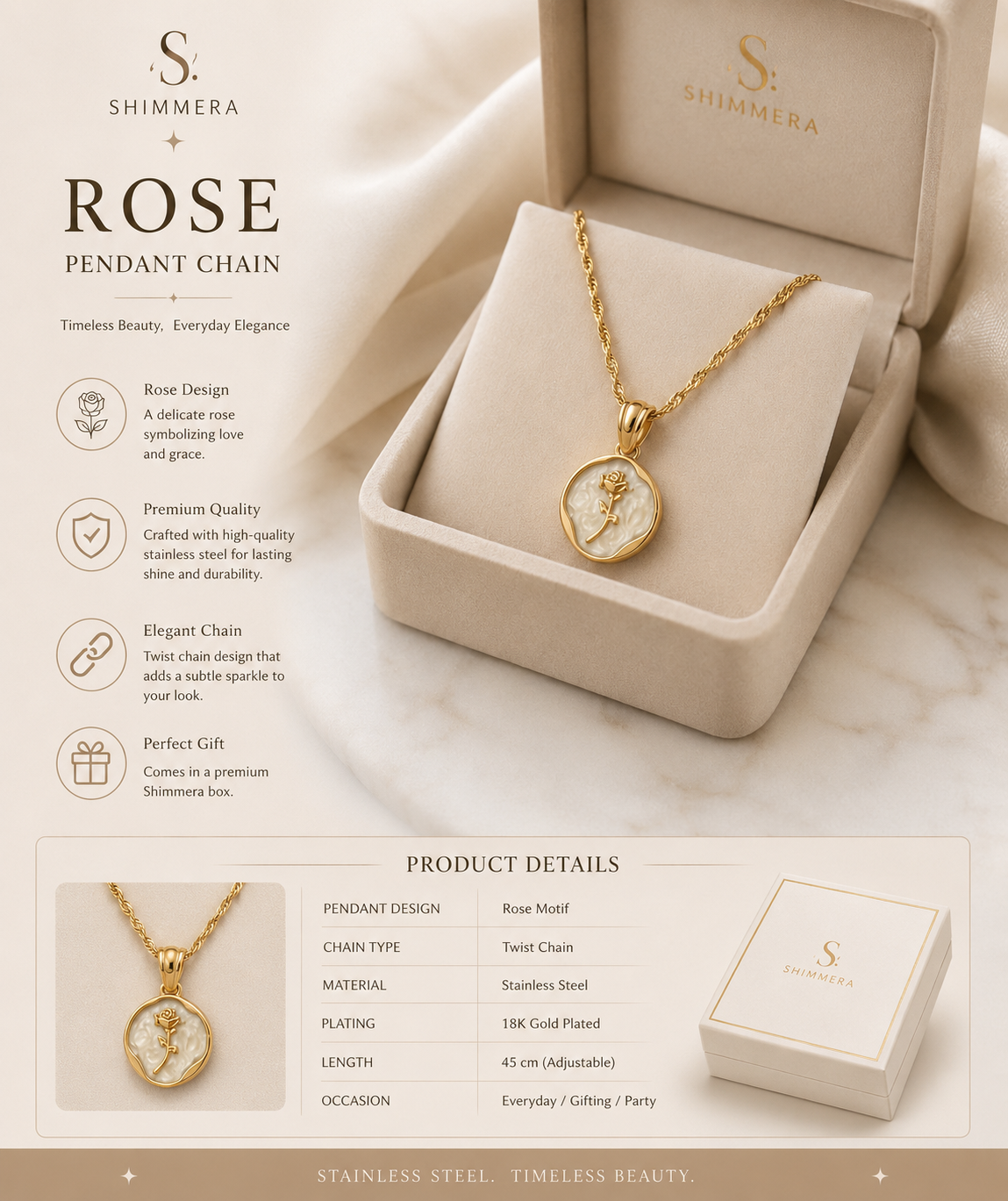 Anti tarnish 18k Gold plated Round rose pendant with chain My Store