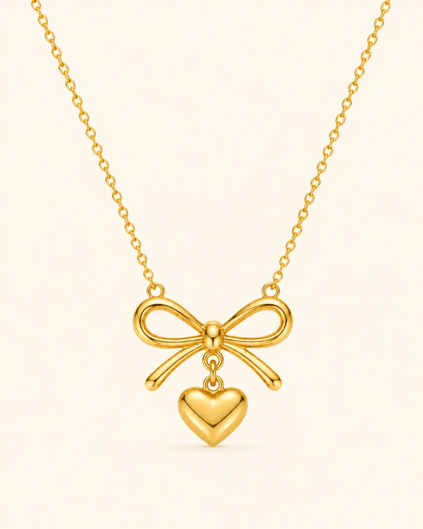 Shimmera Bow Heart Pendant Necklace | Anti-Tarnish Gold-Plated Chain