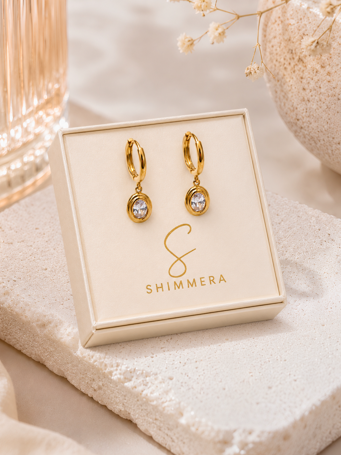 Anti Tarnish 18K Gold Plated CZ Drop Hoop Earrings on Shimmera Gift Box
