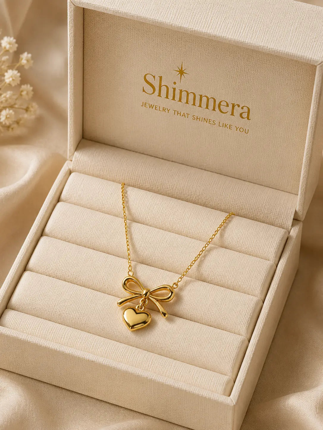 Shimmera Bow Heart Pendant Necklace | Anti Tarnish Gold Plated Chain Shimmera