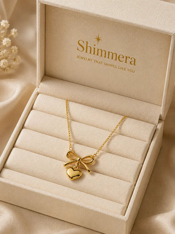 Shimmera Bow Heart Pendant Necklace | Anti Tarnish Gold Plated Chain Shimmera