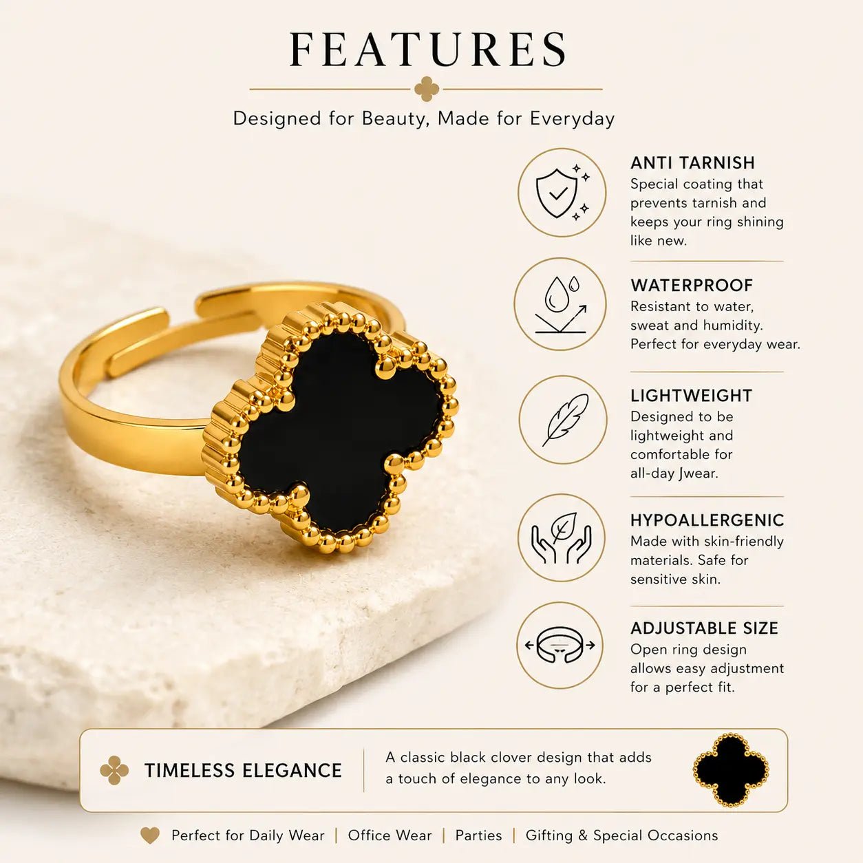 Black Clover Anti Tarnish Adjustable Ring for Women | 18K Gold Plated Waterproof Ring Shimmera