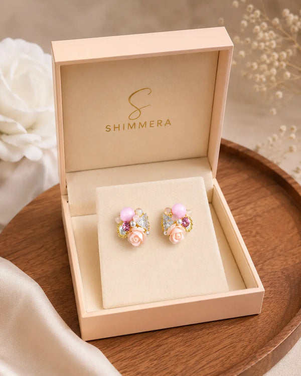 Anti-Tarnish Pink Floral Crystal Stud Earrings