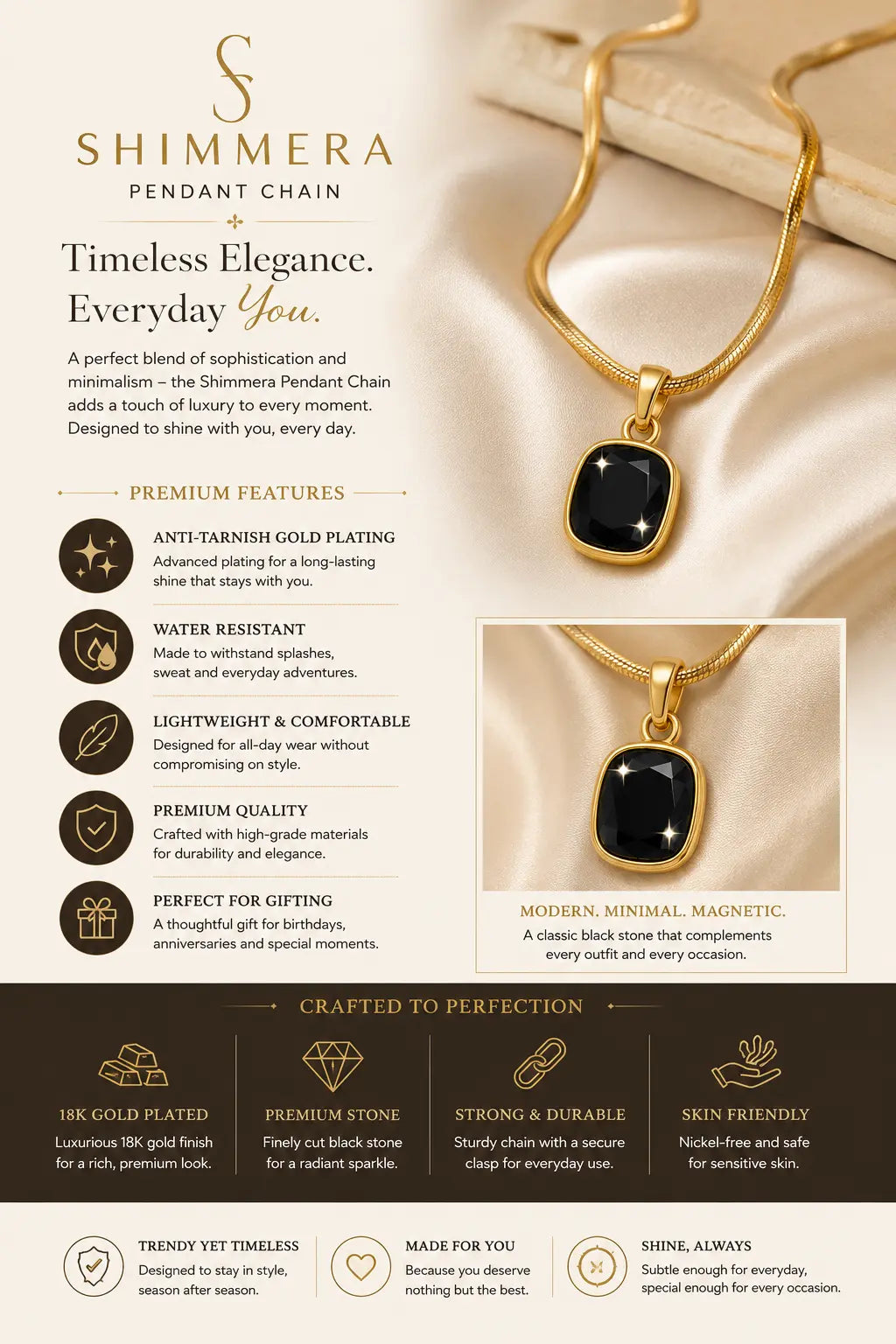 Anti tarnish 18k Gold plated minimal black square pendant with chain. Shimmera