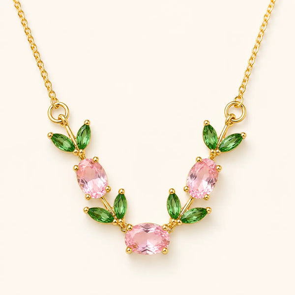 Anti Tarnish Pink Tulip Necklace for Women with Green Leaf Design