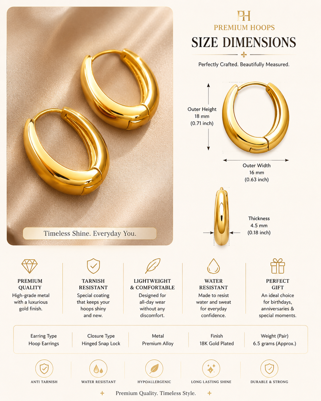 Anti tarnish 18k Gold plated hoop earrings for girls , women My Store