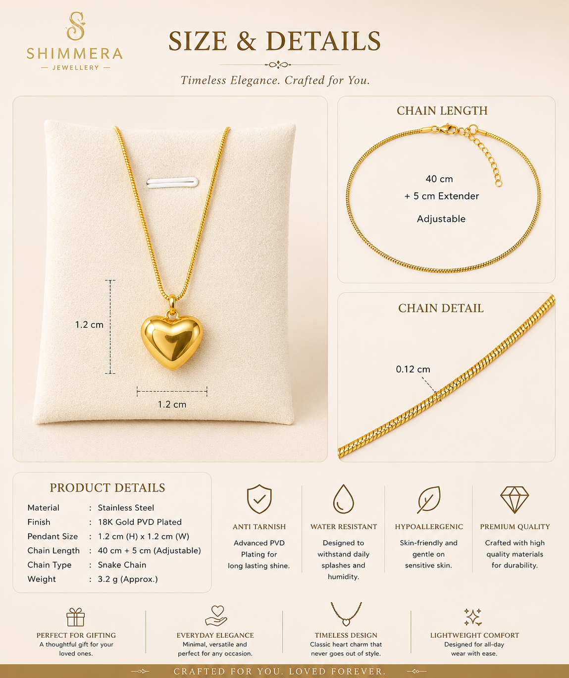 Gold heart pendant necklace with detailed measurements and product features on a Shimmera Jewellery branded background.