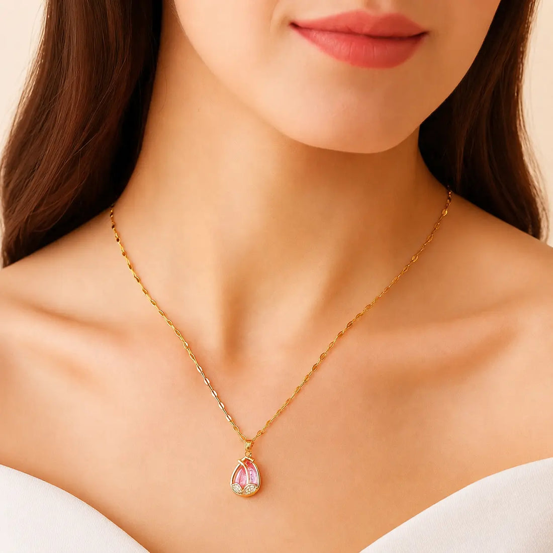 Anti Tarnish Pink Crystal Pendant Chain Shimmera
