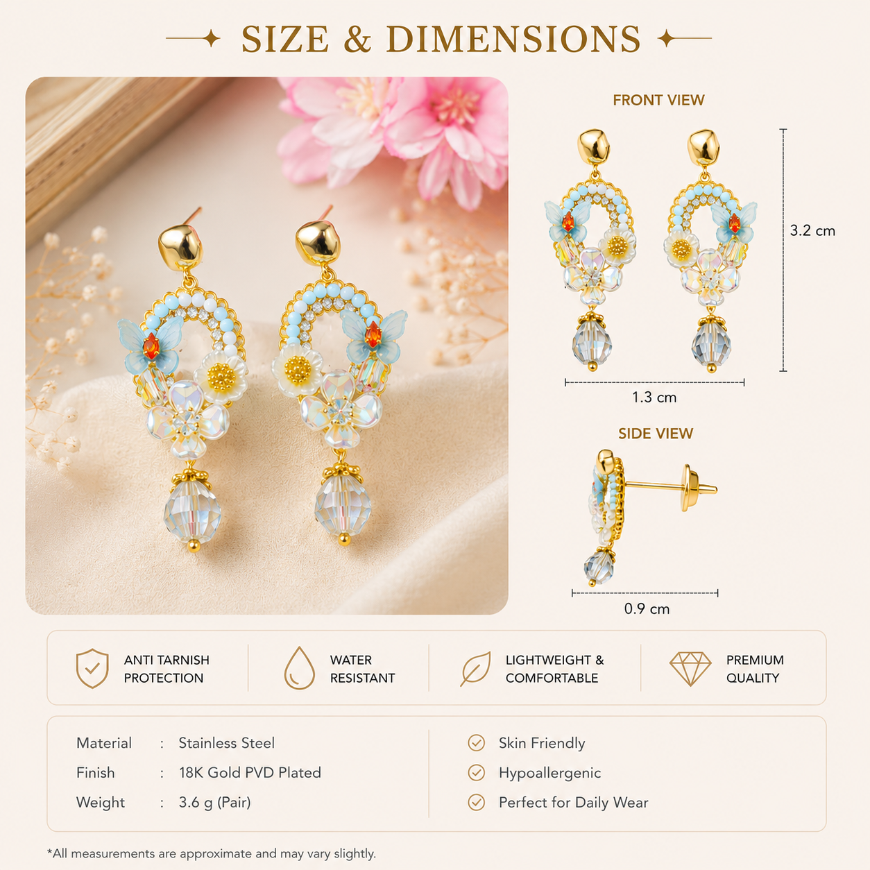 Gold and crystal earrings with size and dimensions displayed on a floral background