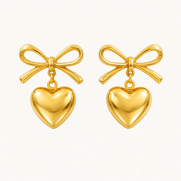 Anti-Tarnish 18K Gold-Plated Bow Heart Earrings for Women