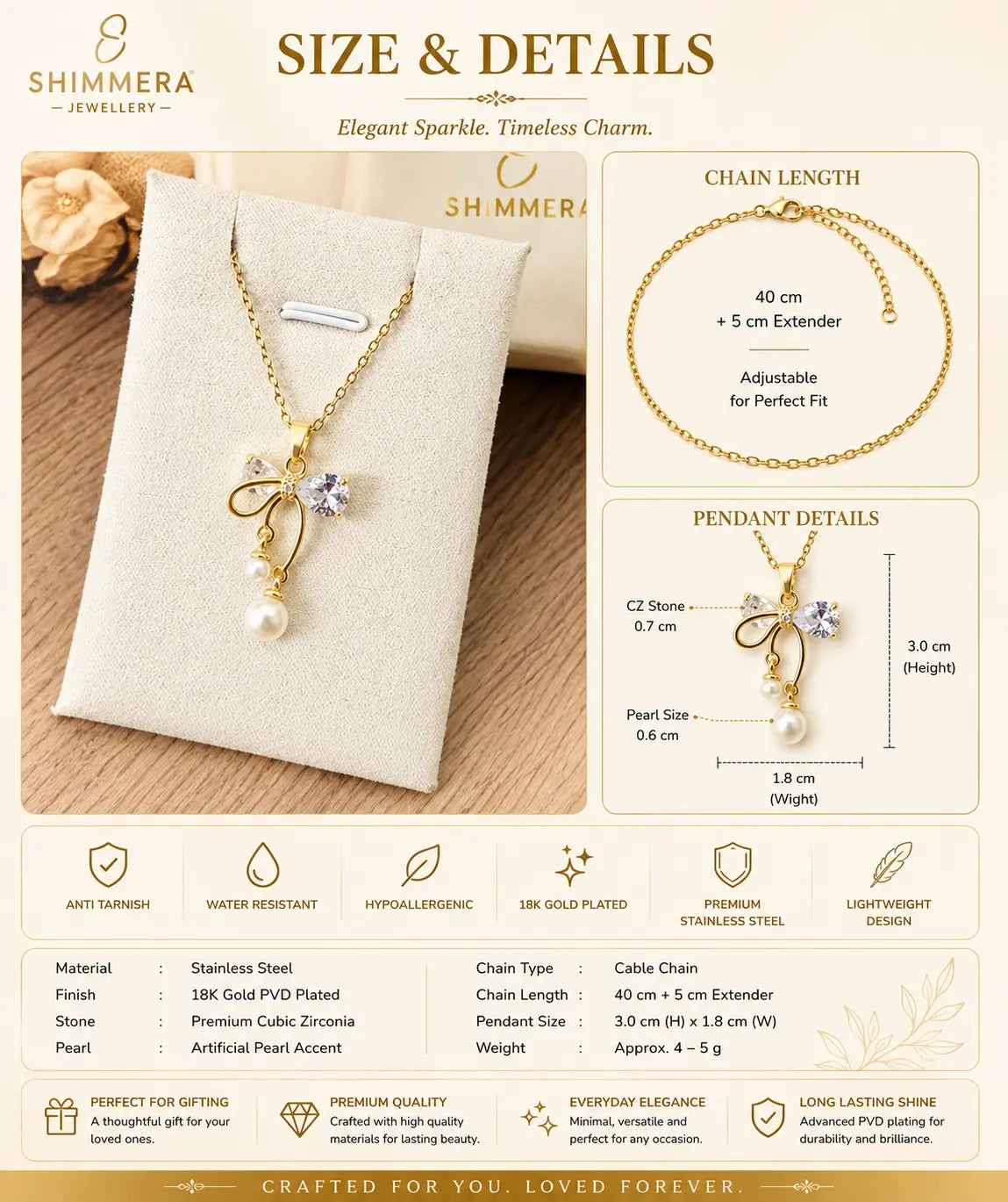 Shimmera jewellery necklace on display with size and details information.