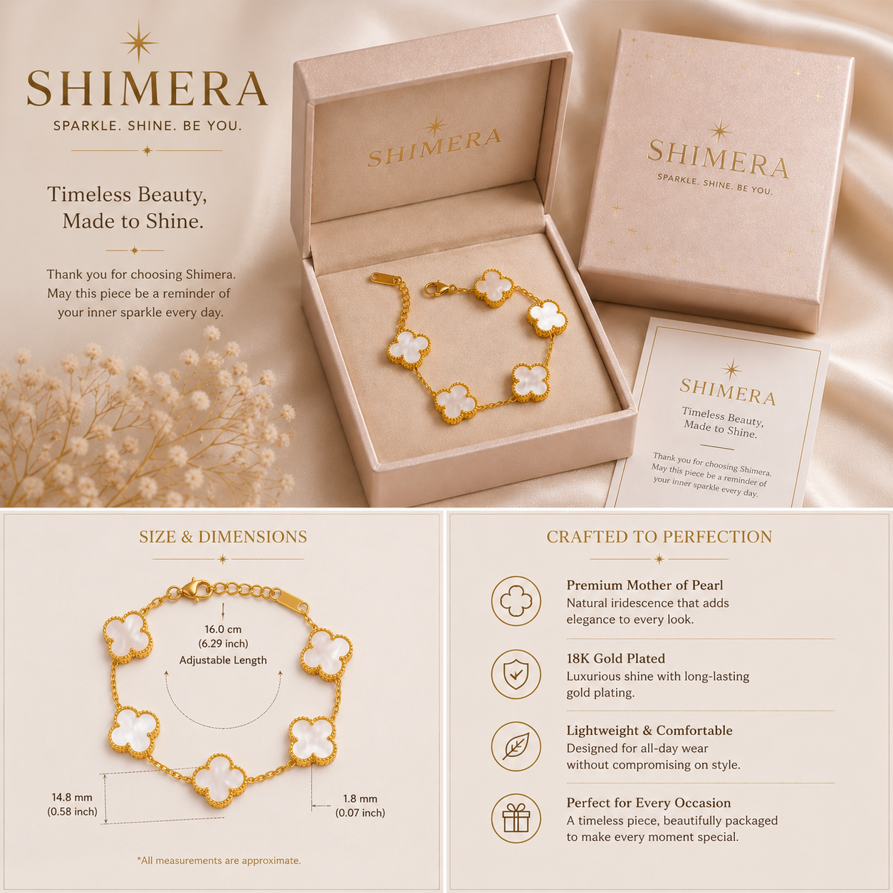 Shimera bracelet in packaging with product details and branding.