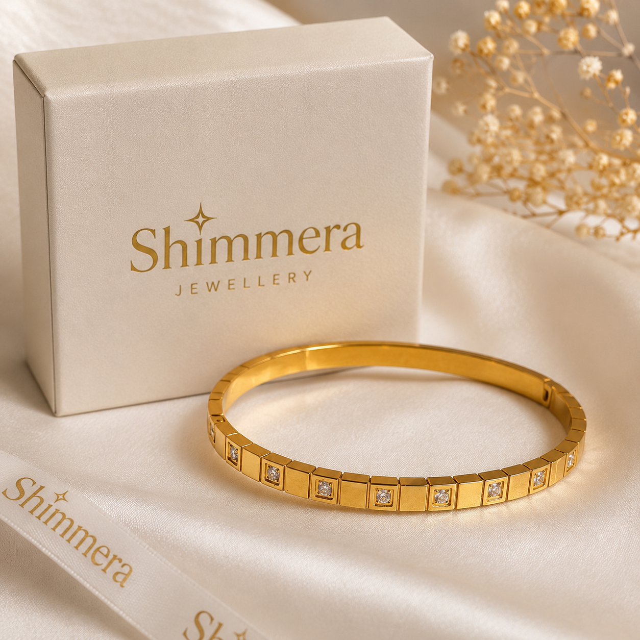Gold bracelet with 'Shimmera Jewellery' box and packaging on a beige background