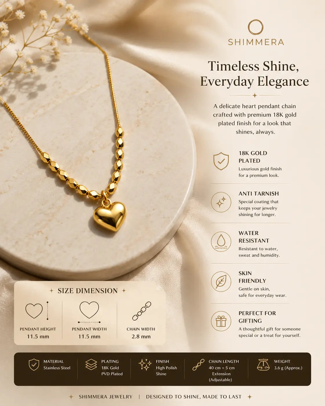 Anti tarnish 18k Gold plated heart pendant chain My Store