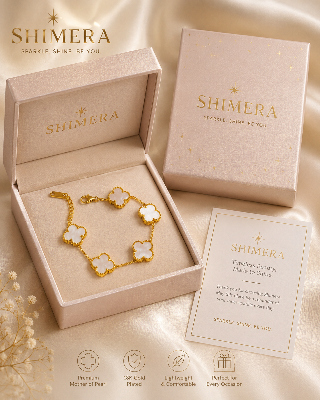 Shimera bracelet in a box with packaging and card on a beige background
